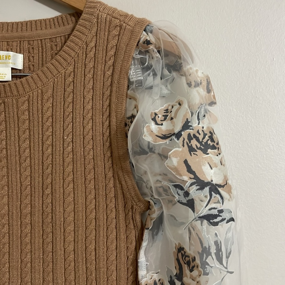 ANTHROPOLOGIE Maeve Contrast Sheer Sleeve Floral Cable Knit Sweater small - Picture 4 of 8